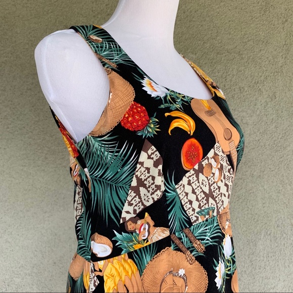 🌺 80s Hawaiian Rayon Dress Hula Tapa Ukulele Tiki - Picture 7 of 12